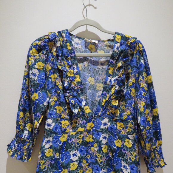 MELLODAY Ditsy Blue Yellow Floral Tiered Ruffle Maxi Dress Boho Cottagecore Trad - Picture 5 of 14